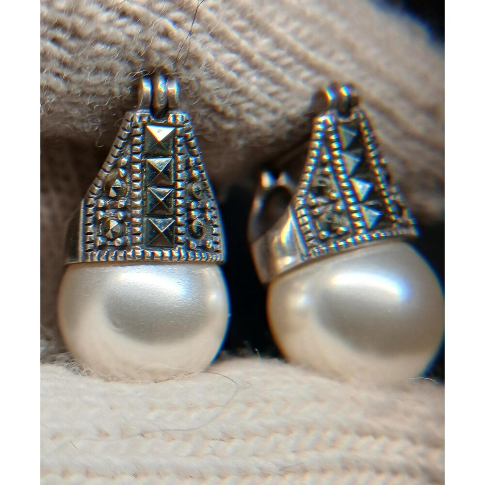 Vintage Sterling Silver 925 Art Deco Marcasite & Faux Pearl Dangle Earrings